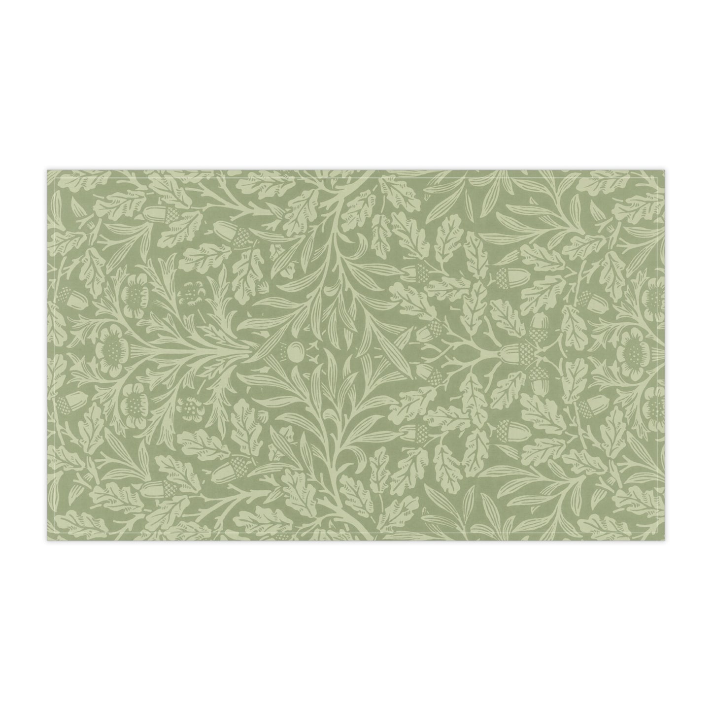 A green kitchen tea towel with a floral and leaf pattern inspired by William Morris & Co - Acorn and Oak Leaves Collection.
