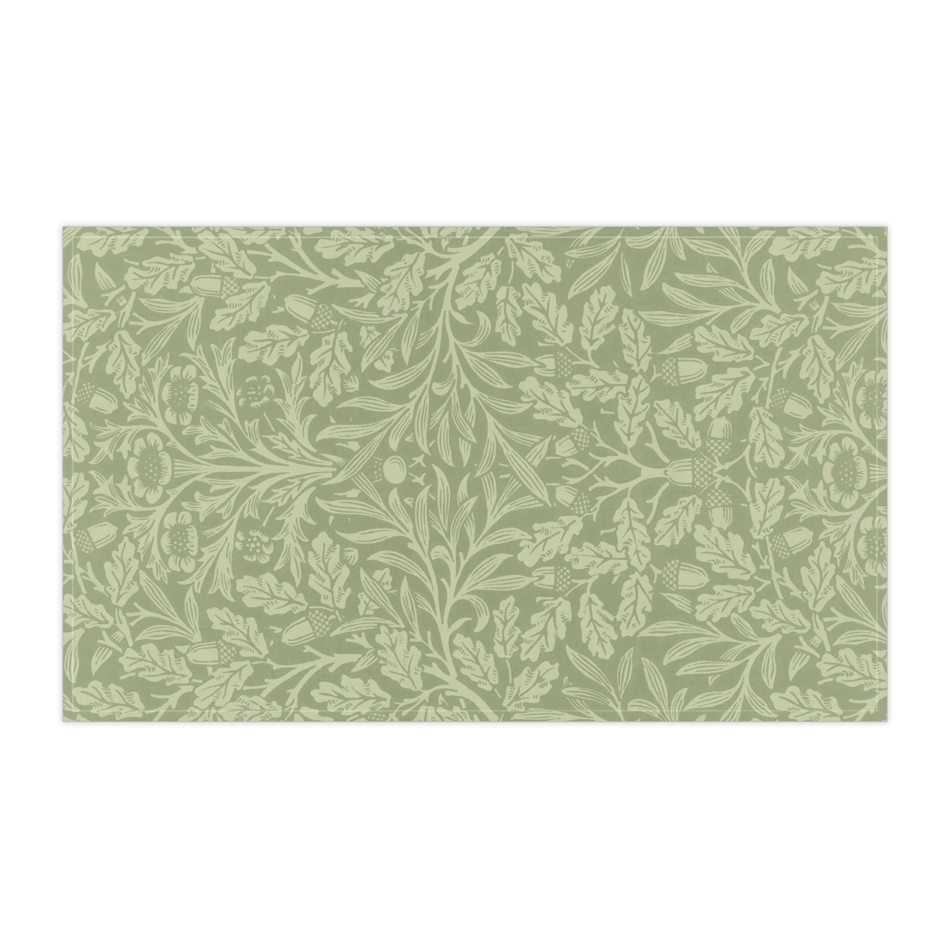 A green kitchen tea towel with a floral and leaf pattern inspired by William Morris & Co - Acorn and Oak Leaves Collection.
