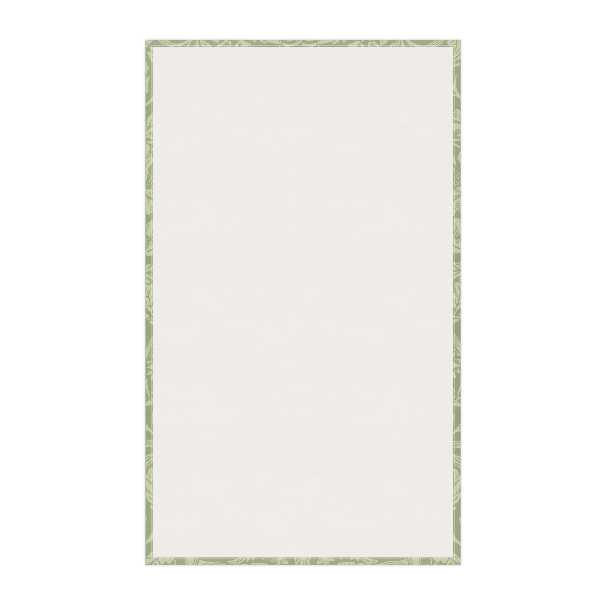 A green kitchen tea towel with a floral and leaf pattern inspired by William Morris & Co - Acorn and Oak Leaves Collection.