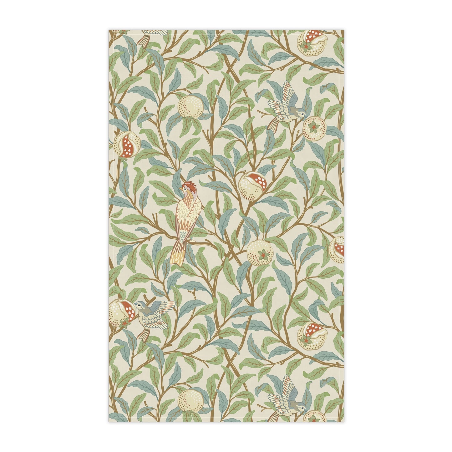A kitchen tea towel with a floral and bird design, inspired by the William Morris - Bird and Pomegranate Collection in a parchment color.