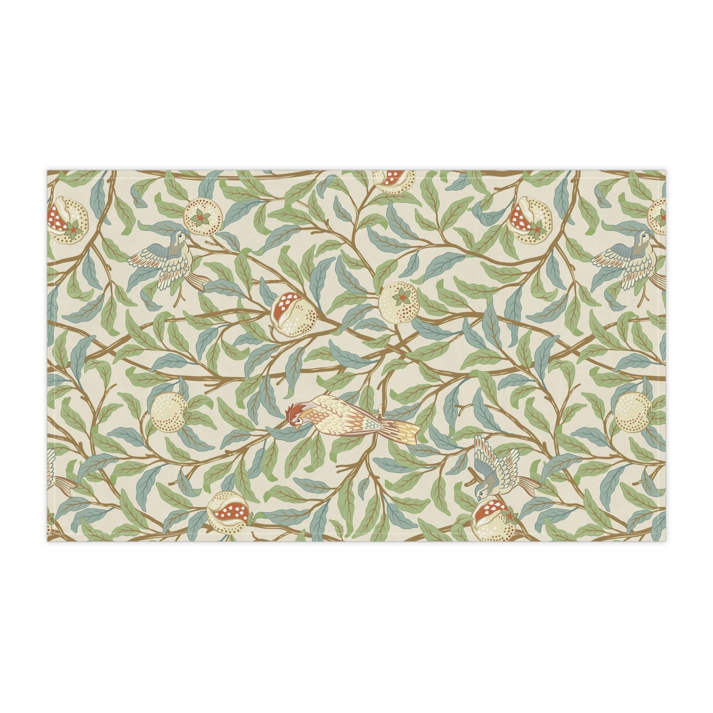 A kitchen tea towel with a floral and bird design, inspired by the William Morris - Bird and Pomegranate Collection in a parchment colour.