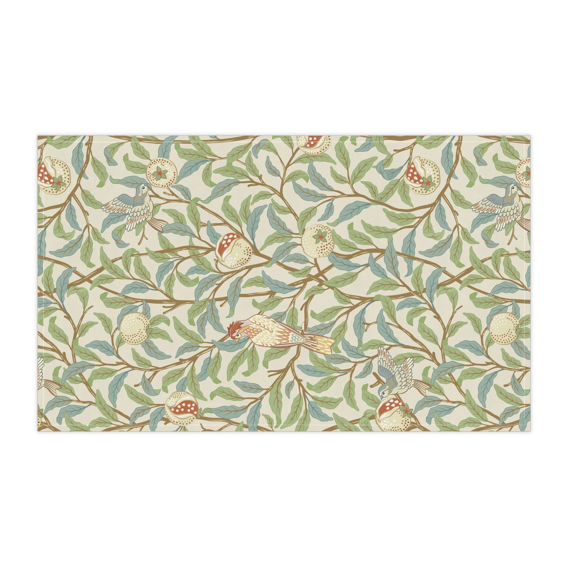 A kitchen tea towel with a floral and bird design, inspired by the William Morris - Bird and Pomegranate Collection in a parchment colour.
