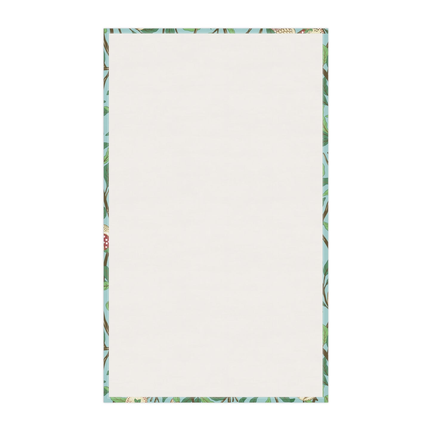 A kitchen tea towel with a blue background featuring bird and pomegranate patterns inspired by William Morris.