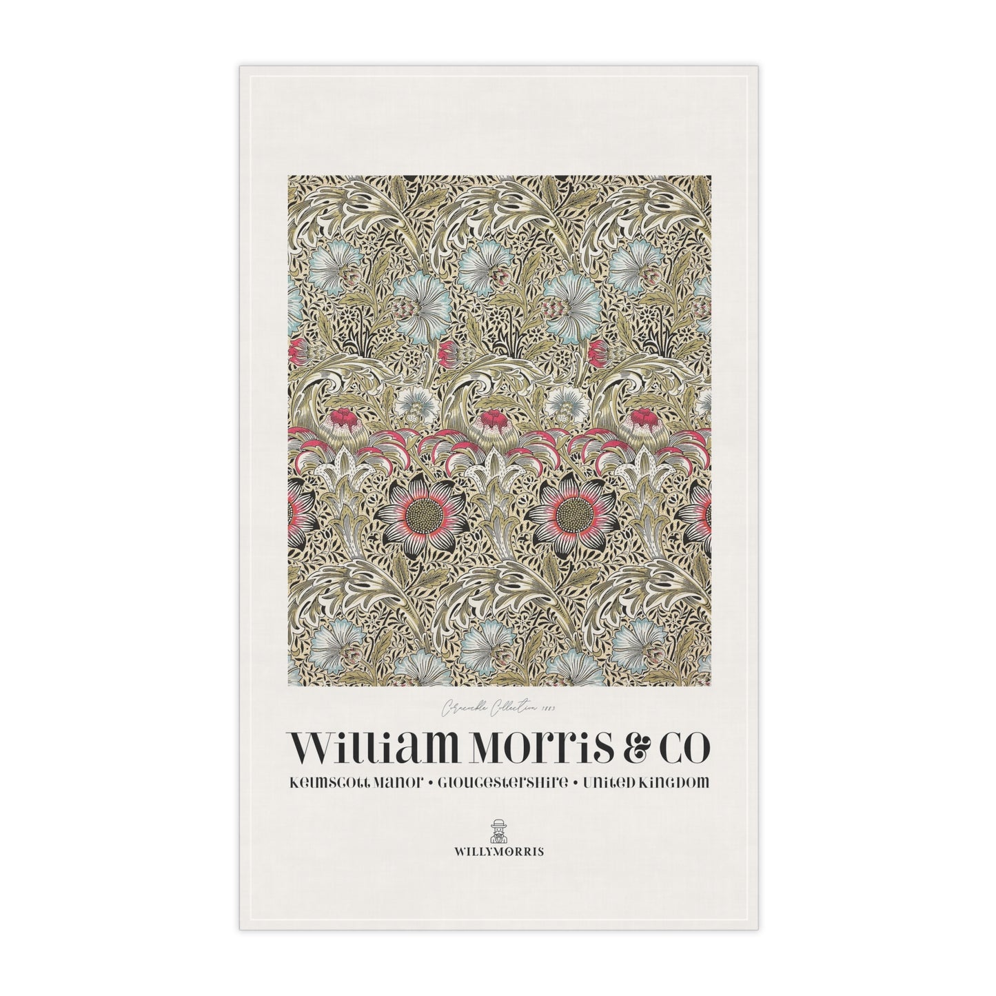 Decorative tea towel with floral pattern and 'William Morris & Co' branding on a white background