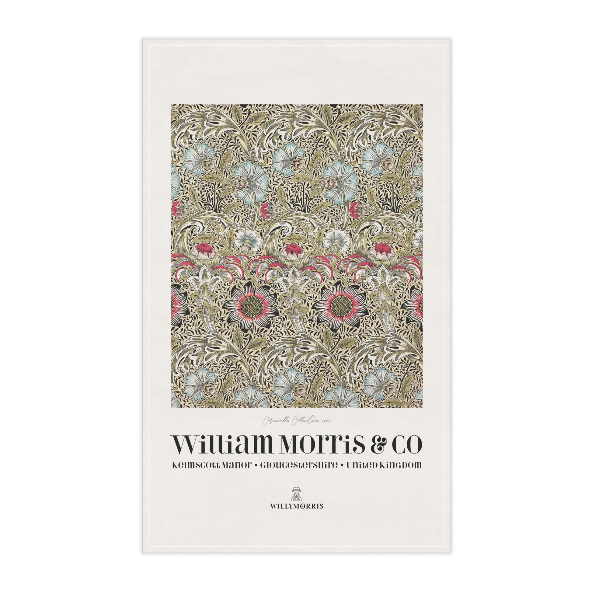 Decorative tea towel with floral pattern and 'William Morris & Co' branding on a white background