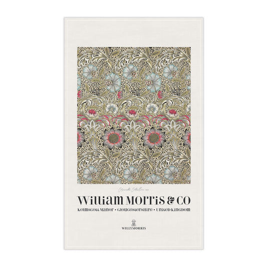 Decorative tea towel with floral pattern and 'William Morris & Co' branding on a white background