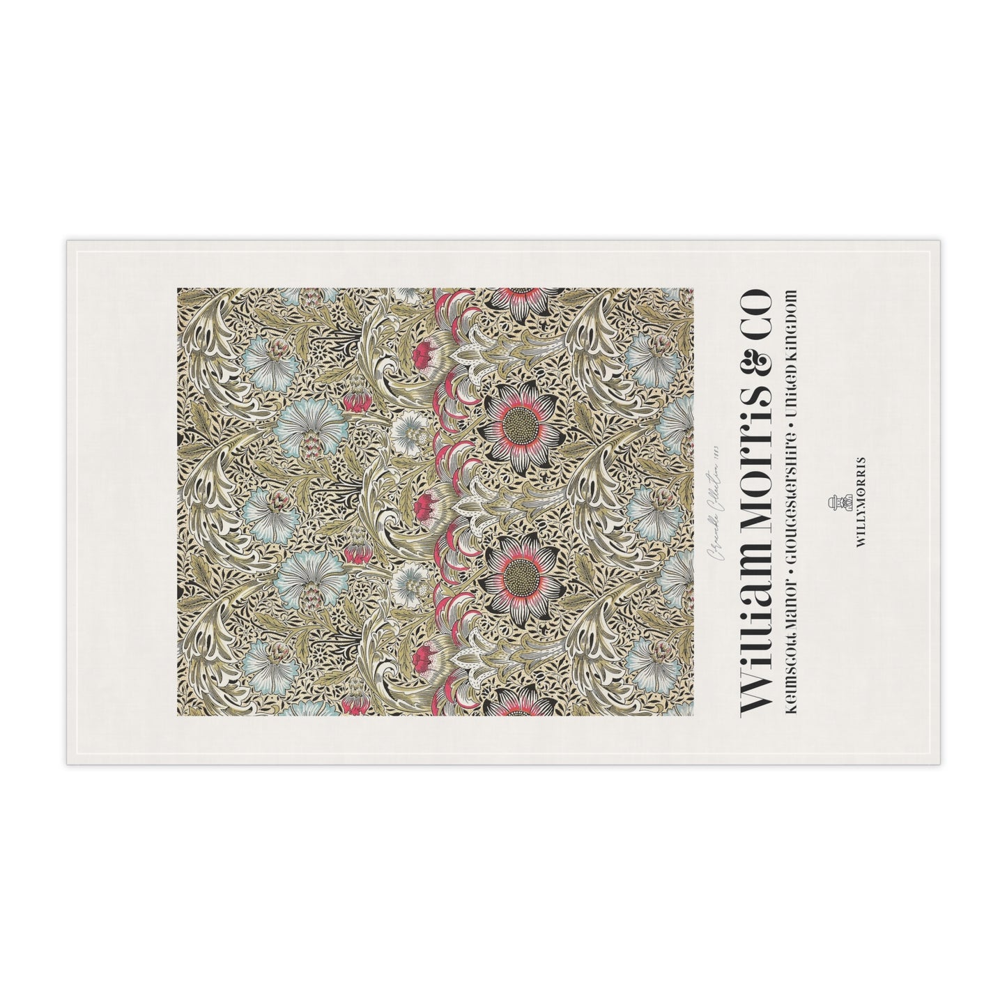 Decorative tea towel with floral pattern and 'William Morris & Co' branding on a white background