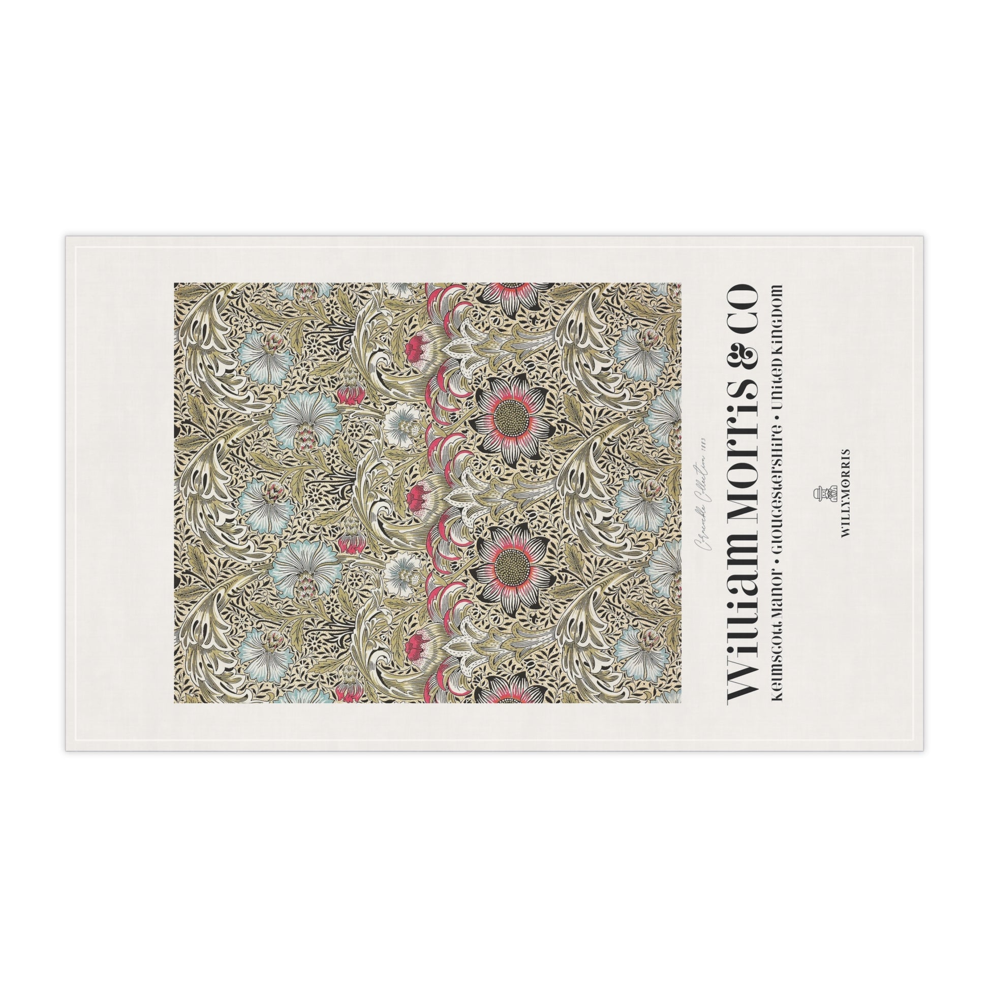 Decorative tea towel with floral pattern and 'William Morris & Co' branding on a white background