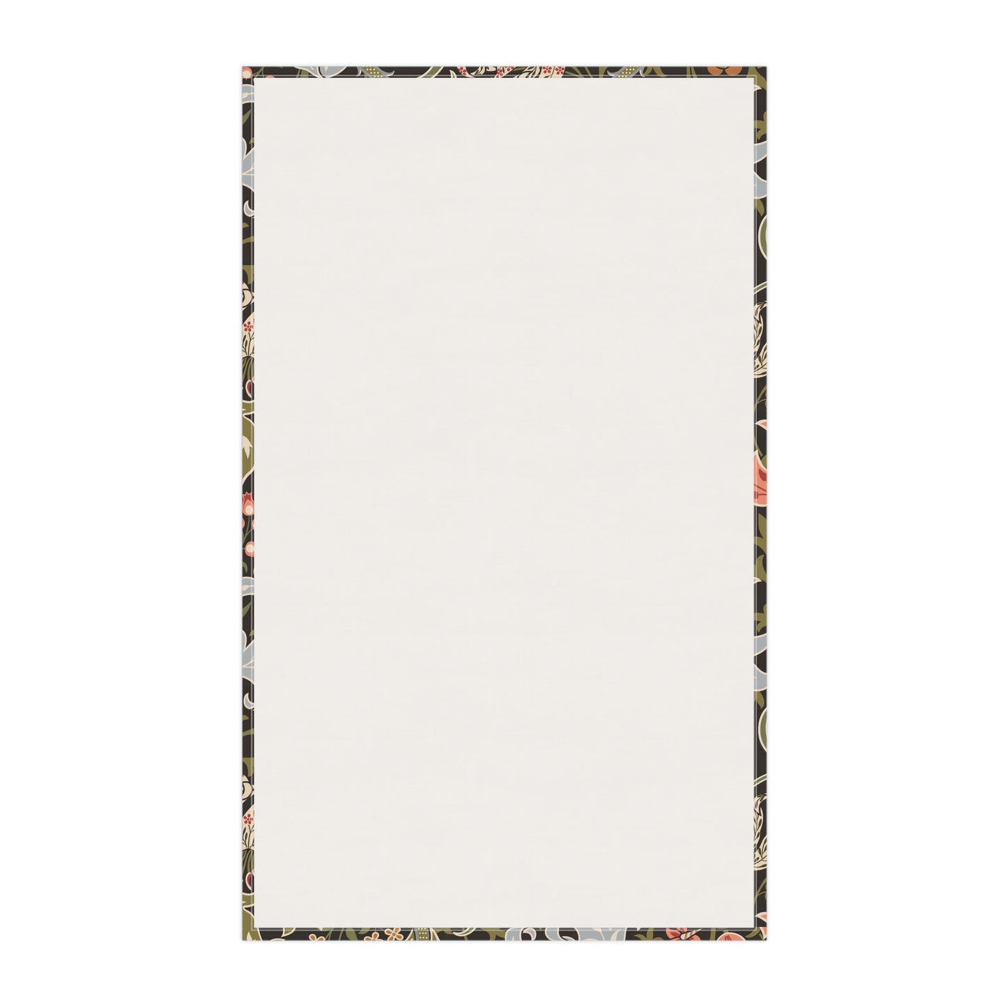 A rectangular cream-coloured tea towel with a decorative border featuring a black background and a multicolour floral pattern.