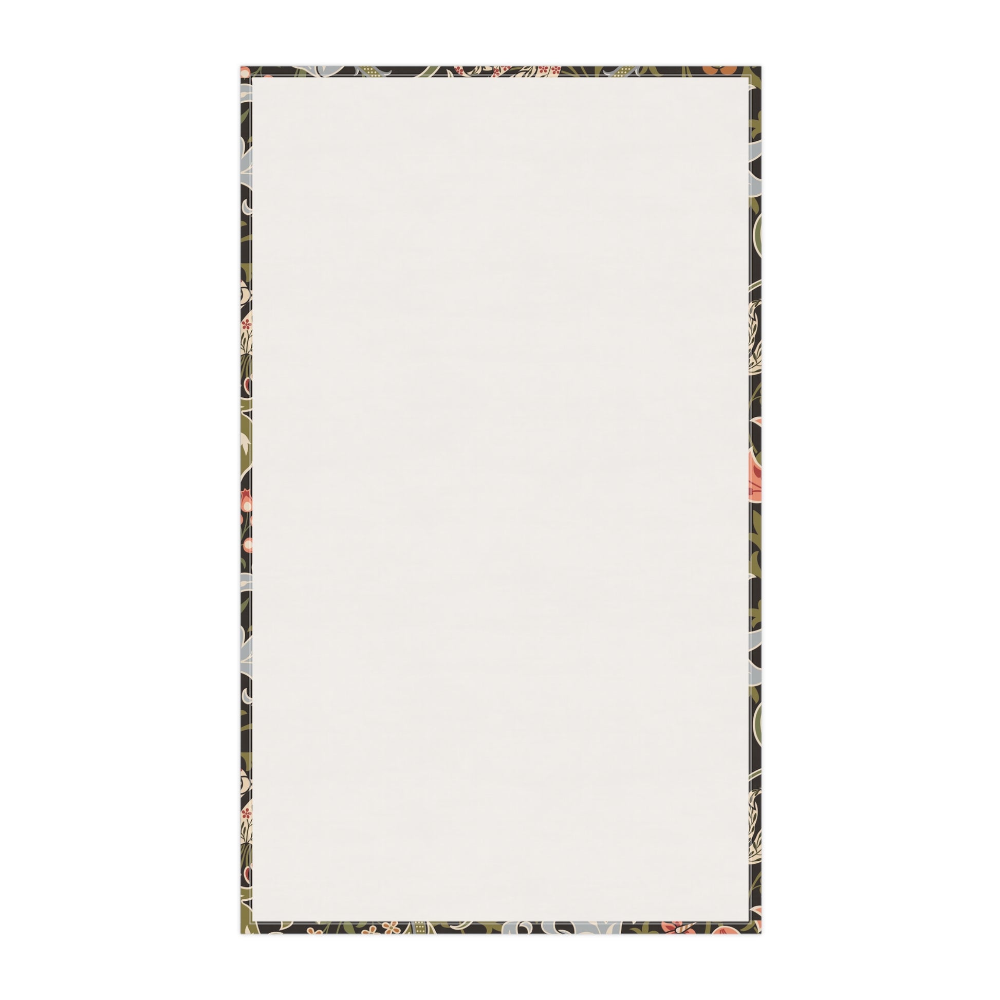 A rectangular cream-coloured tea towel with a decorative border featuring a black background and a multicolour floral pattern.