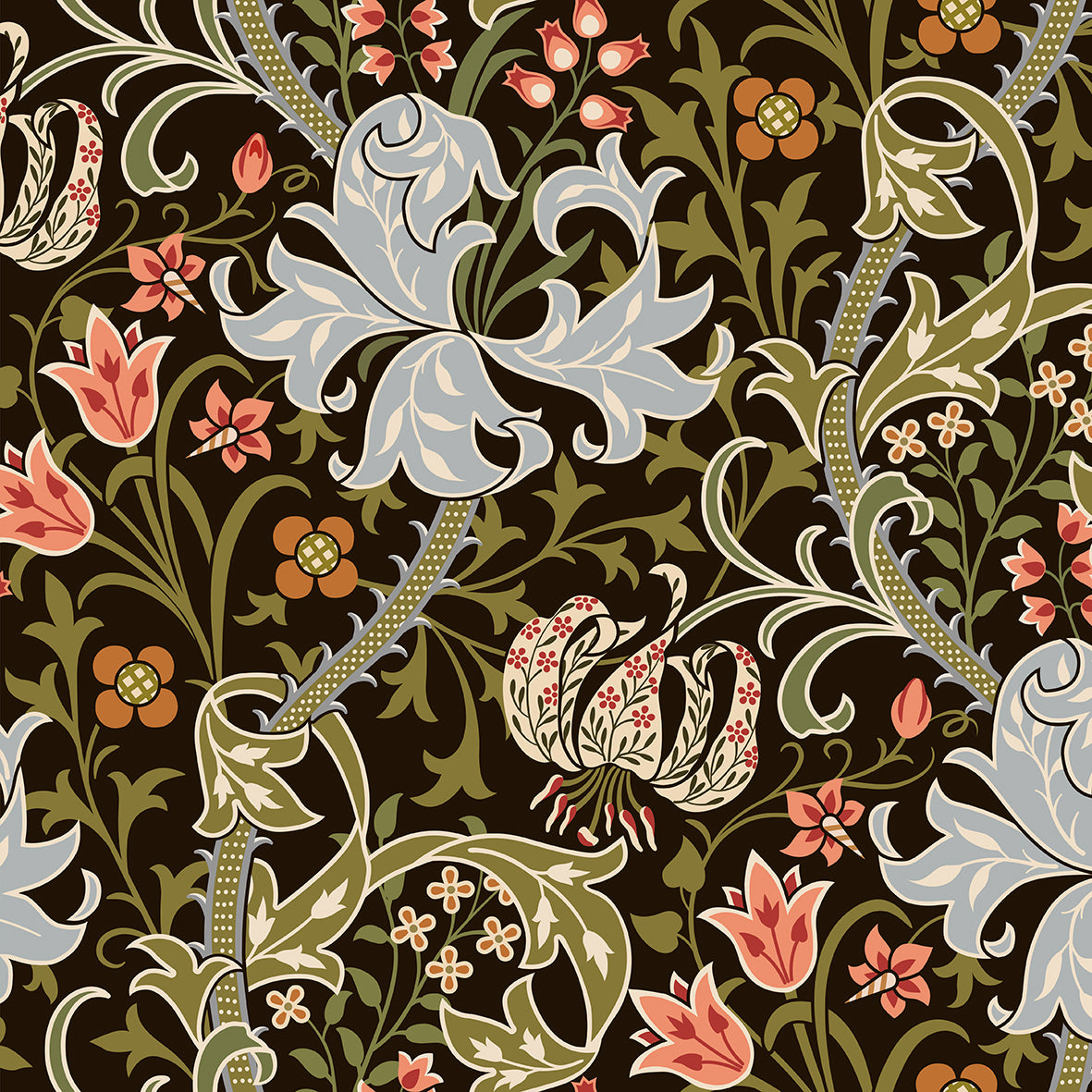 Decorative floral pattern with flowers and leaves on a dark background