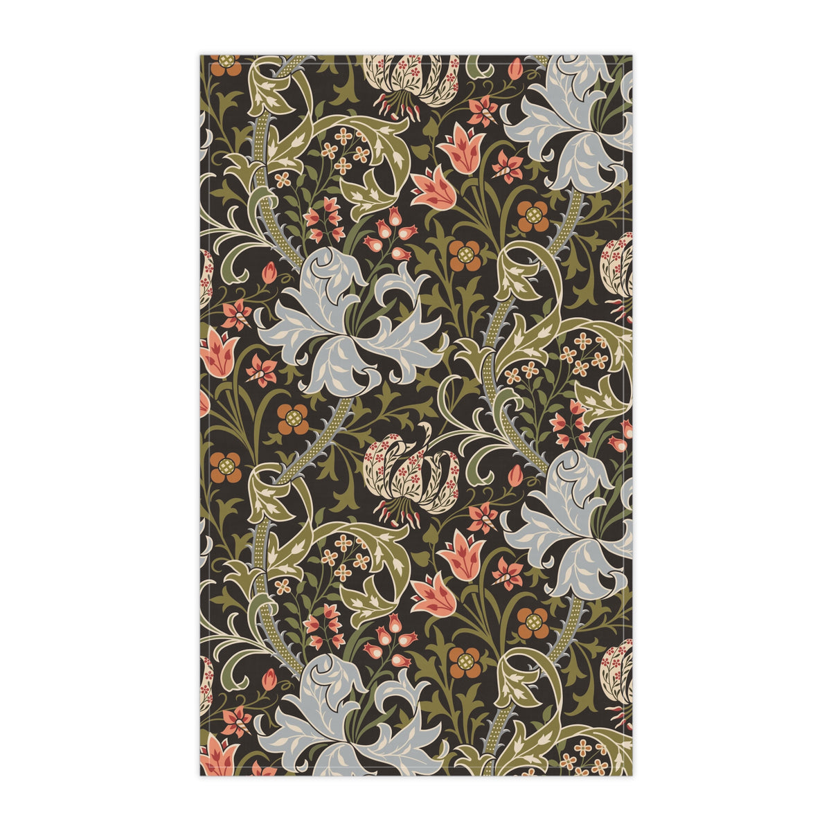A rectangular tea towel featuring a dense, vintage-style botanical pattern with large pale blue-gray lilies, coral-pink flowers, green leaves, and small bird motifs on a very dark charcoal background.