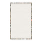 A rectangular cream-coloured c tea towel with a decorative border featuring a black background and a multicolour floral pattern.