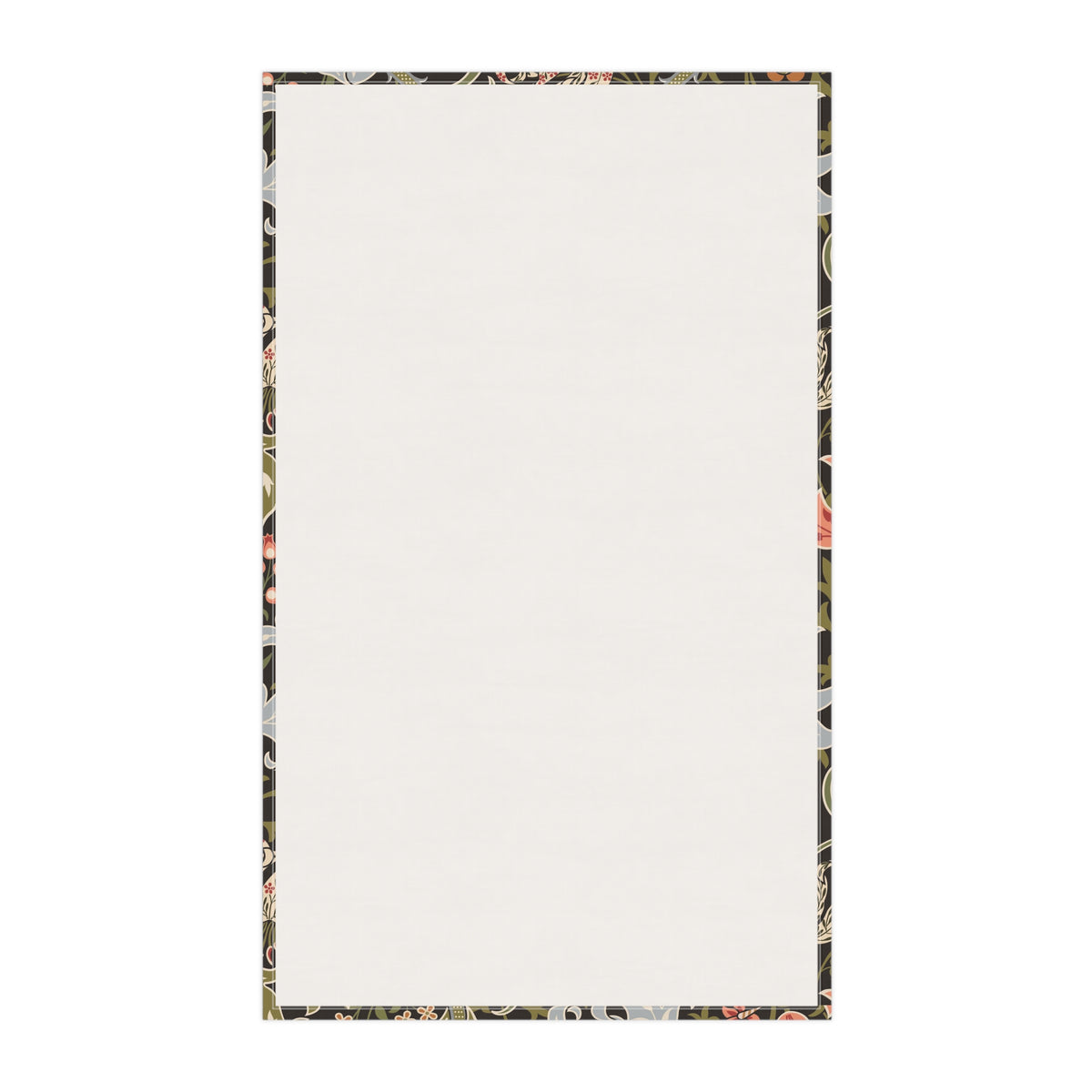 A rectangular cream-coloured c tea towel with a decorative border featuring a black background and a multicolour floral pattern.