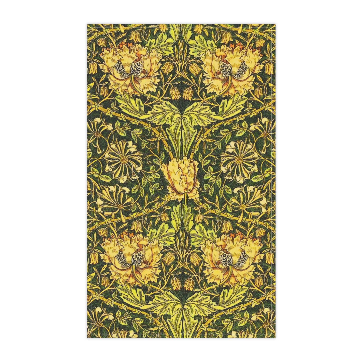 Decorative floral William Morris & Co pattern with yellow flowers and green leaves on a dark background