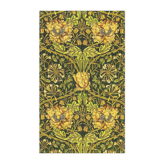 Decorative floral William Morris & Co pattern with yellow flowers and green leaves on a dark background