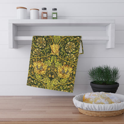 Decorative floral William Morris & Co pattern with yellow flowers and green leaves on a dark background