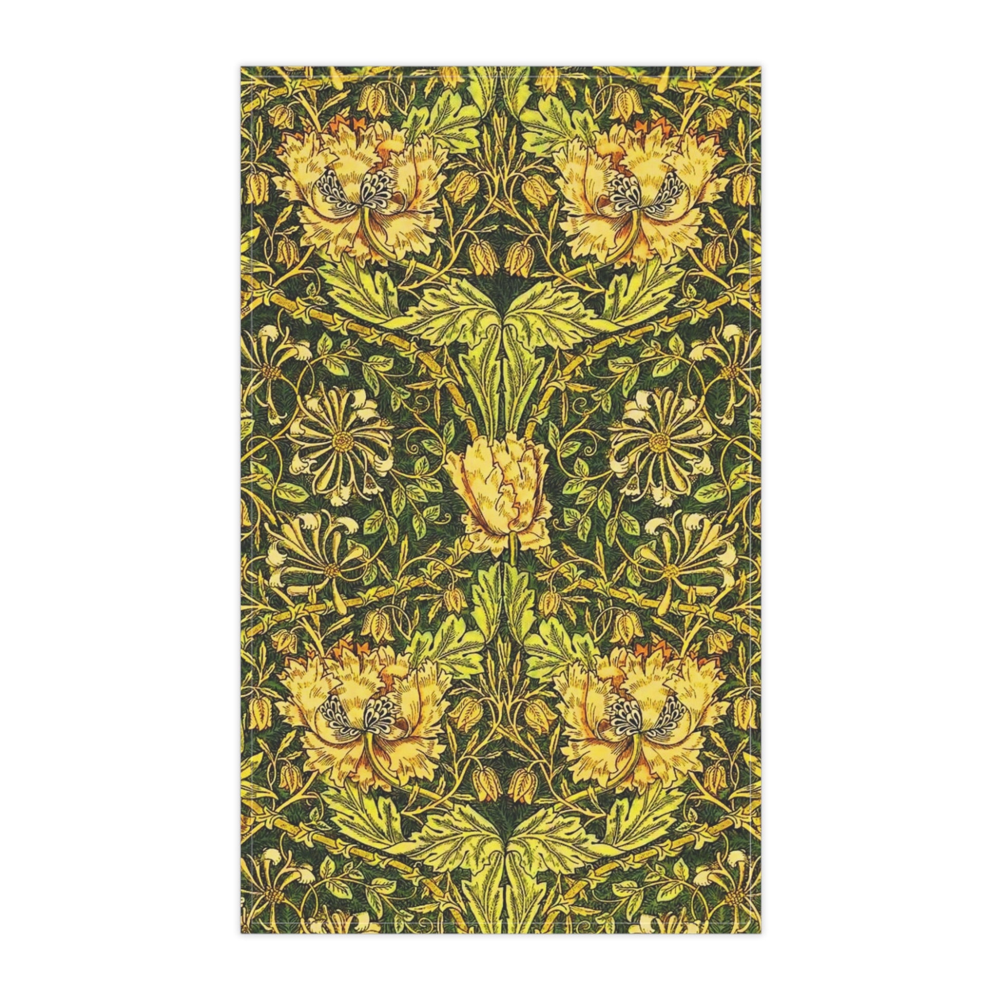 Decorative floral William Morris & Co pattern with yellow flowers and green leaves on a dark background