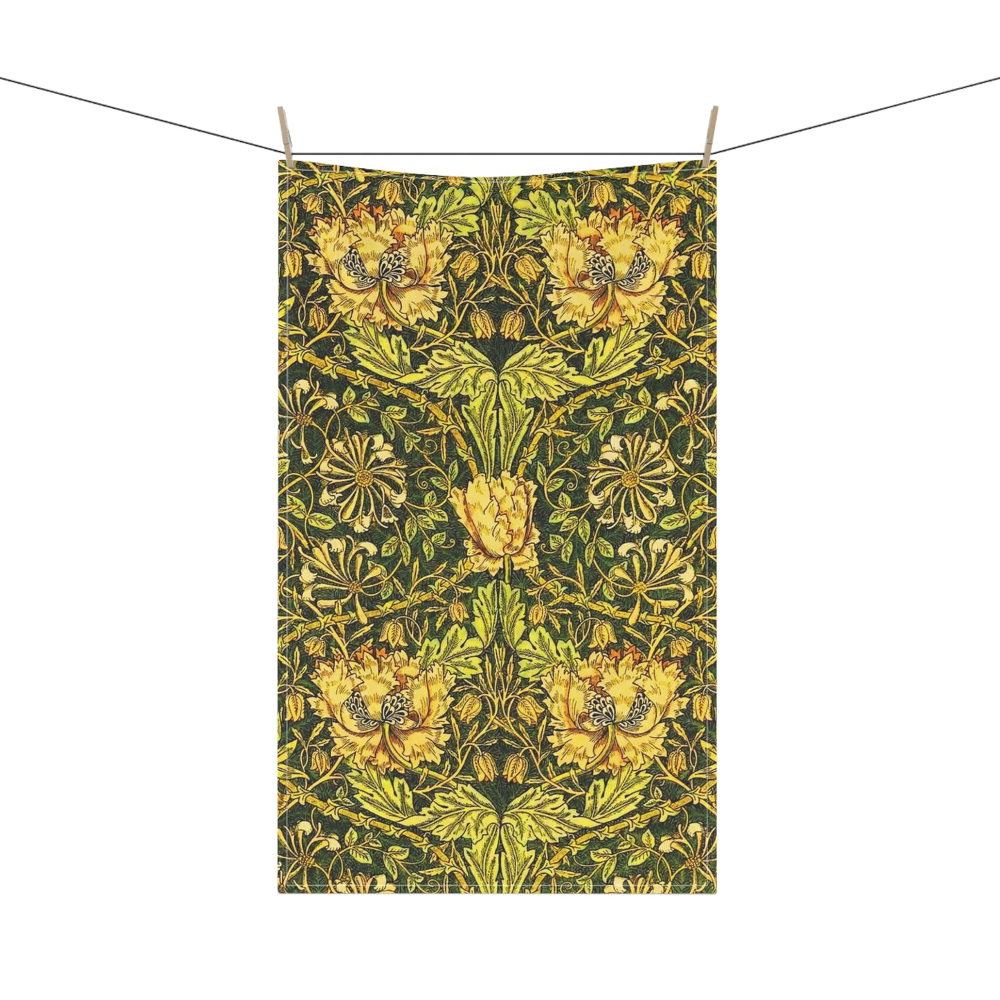 Decorative floral William Morris & Co pattern with yellow flowers and green leaves on a dark background