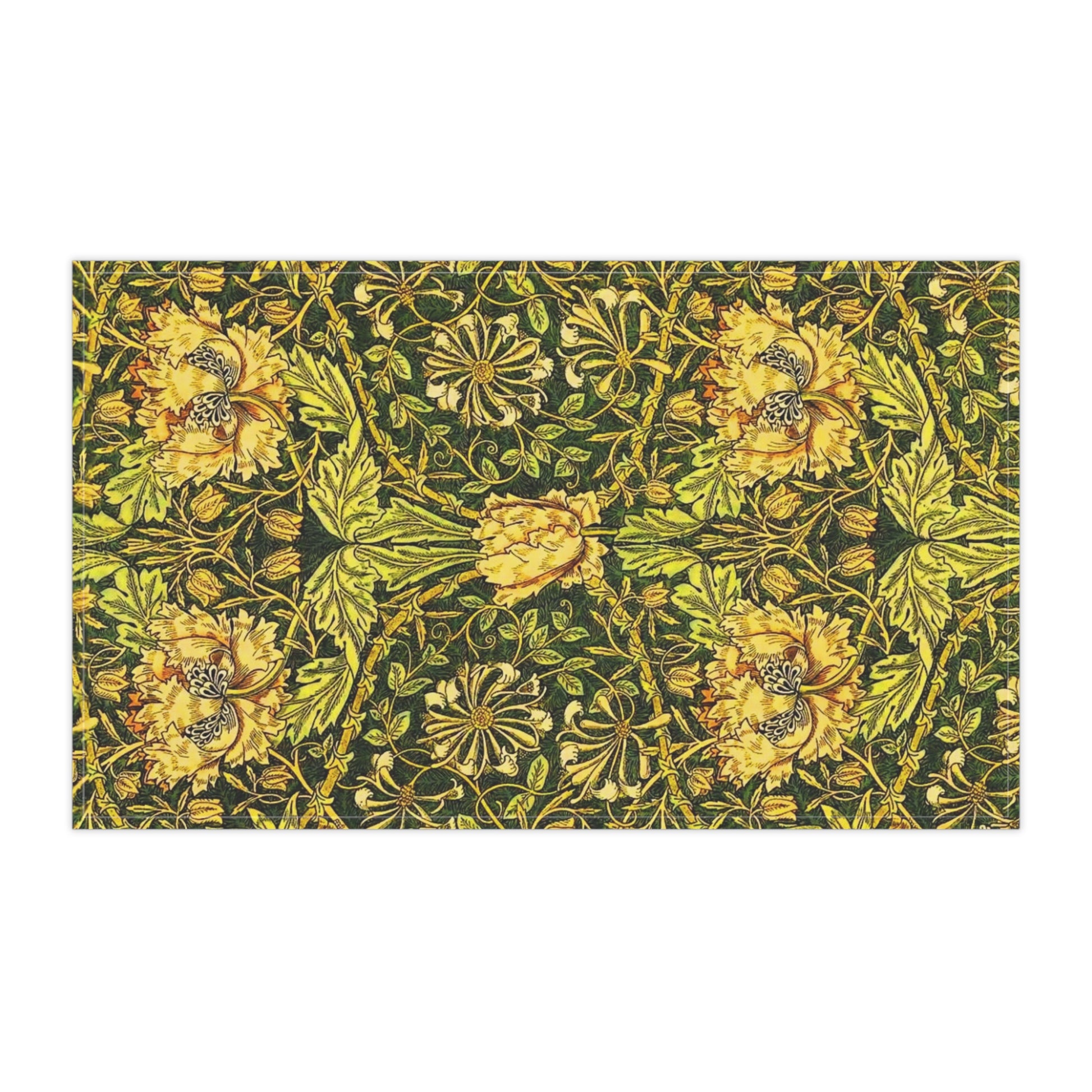 Decorative floral William Morris & Co pattern with yellow flowers and green leaves on a dark background