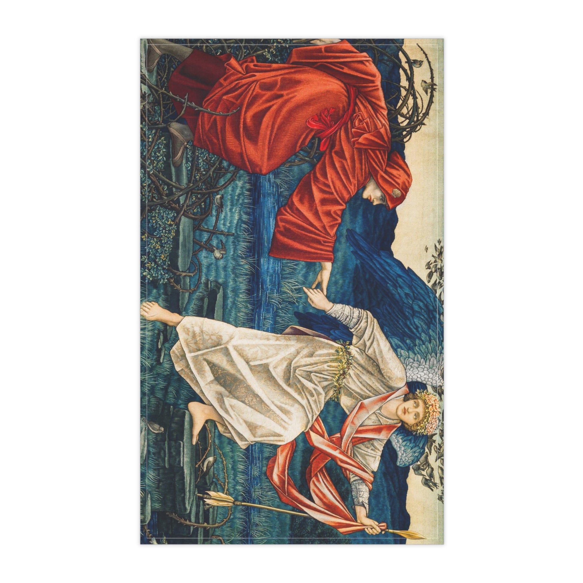 A kitchen tea towel featuring a vibrant, William Morris & Co artistic design with a figure in red and another in white, set against a blue background with greenery.