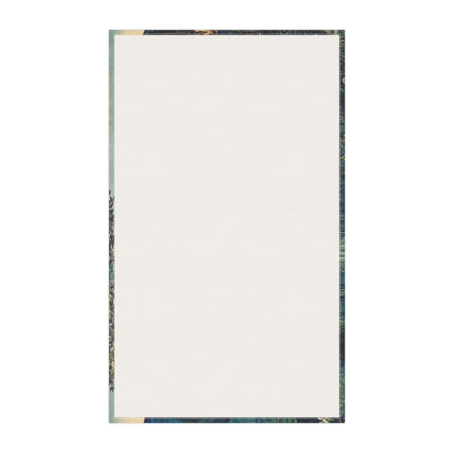 A kitchen tea towel featuring a vibrant, William Morris & Co artistic design with a figure in red and another in white, set against a blue background with greenery.