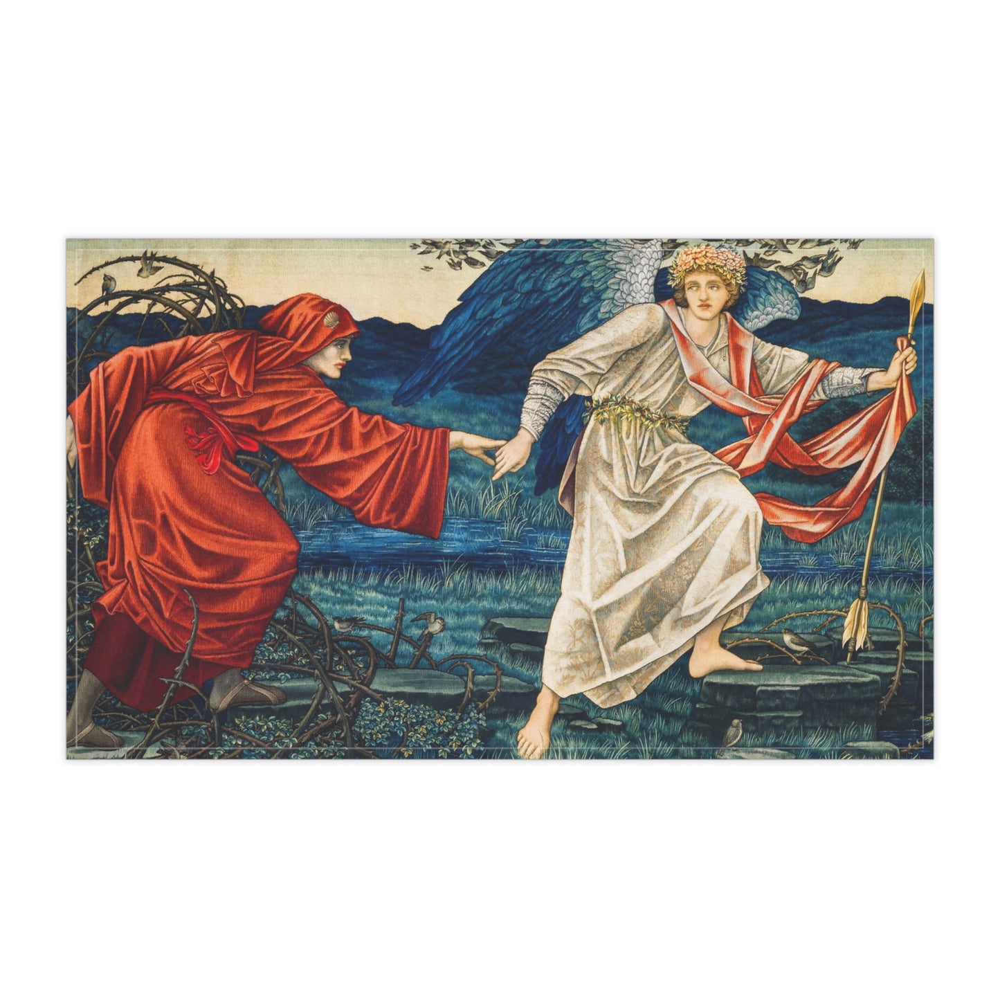 A kitchen tea towel featuring a vibrant, William Morris & Co artistic design with a figure in red and another in white, set against a blue background with greenery.