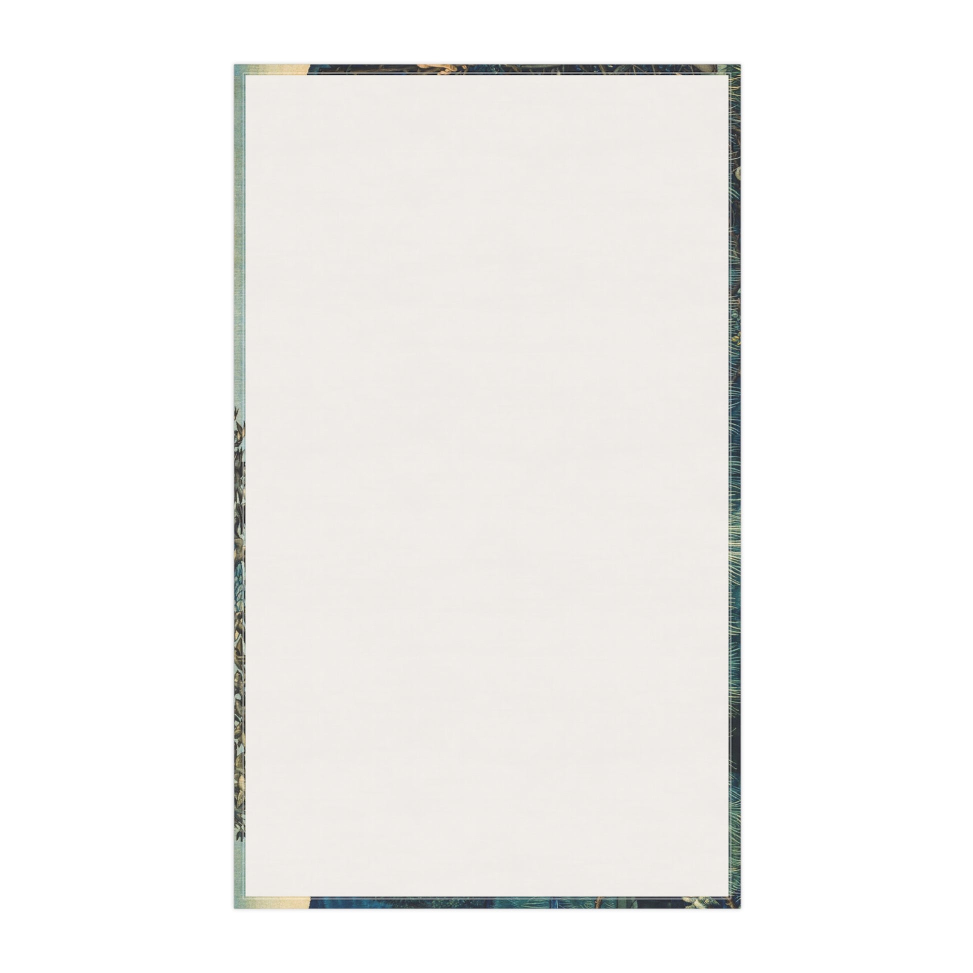 A kitchen tea towel featuring a vibrant, William Morris & Co artistic design with a figure in red and another in white, set against a blue background with greenery.