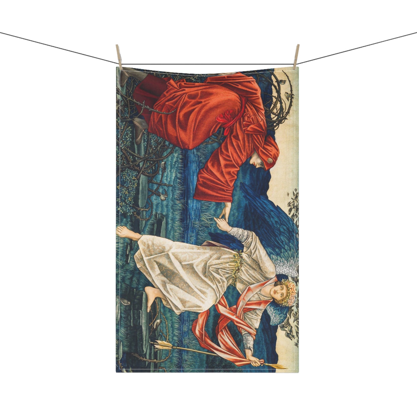 A kitchen tea towel featuring a vibrant, William Morris & Co artistic design with a figure in red and another in white, set against a blue background with greenery.
