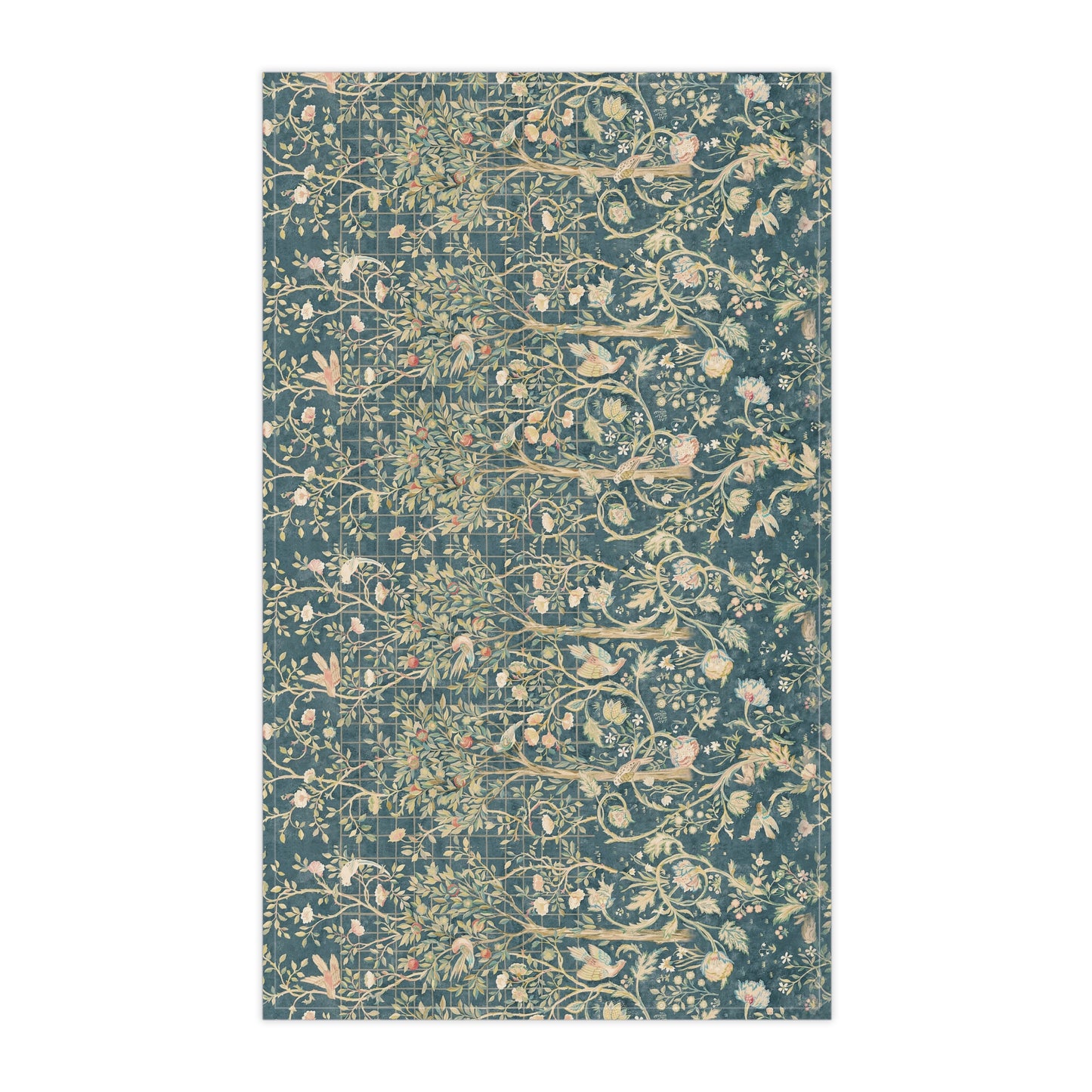 A rectangular kitchen tea towel with a floral and bird pattern in a teal colour inspired by William Morris & Co.