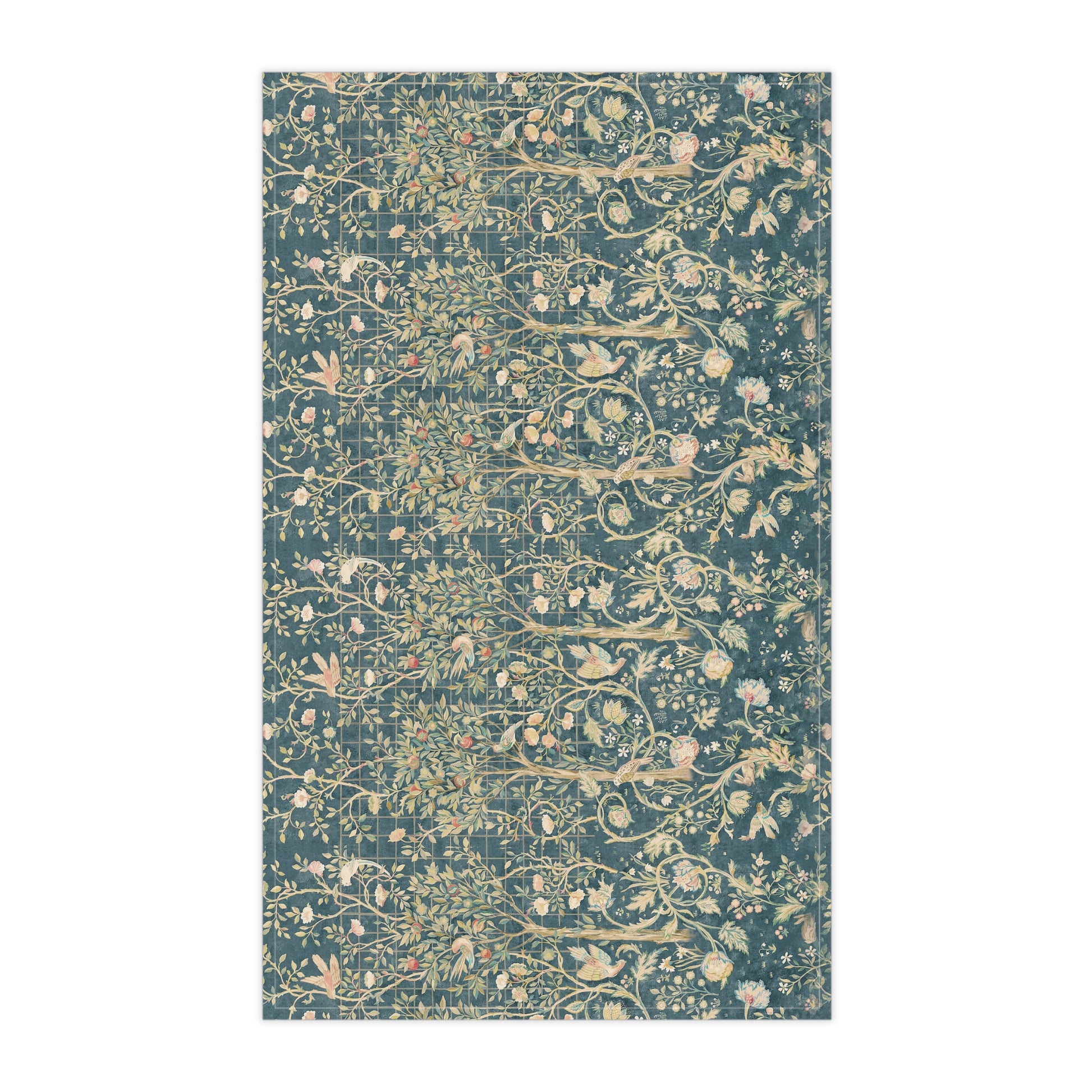 A rectangular kitchen tea towel with a floral and bird pattern in a teal colour inspired by William Morris & Co.