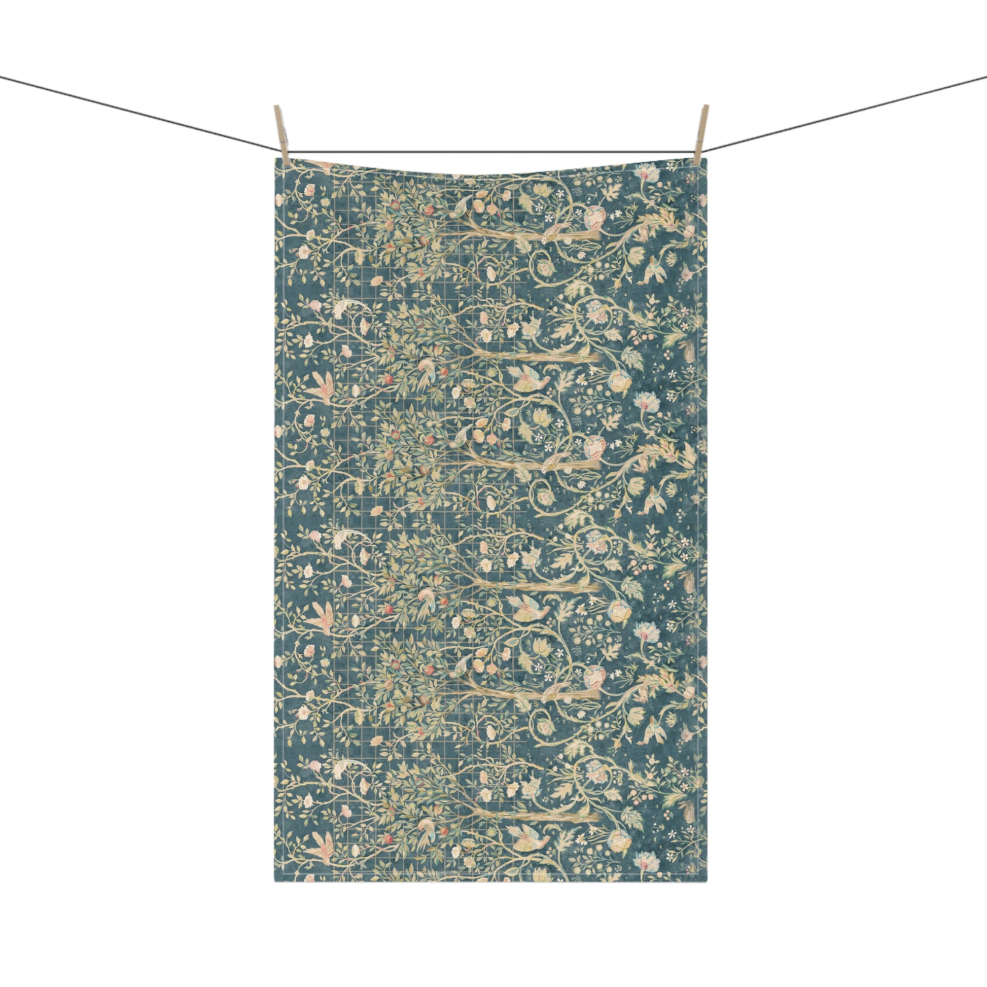 A rectangular kitchen tea towel with a floral and bird pattern in a teal colour inspired by William Morris & Co.