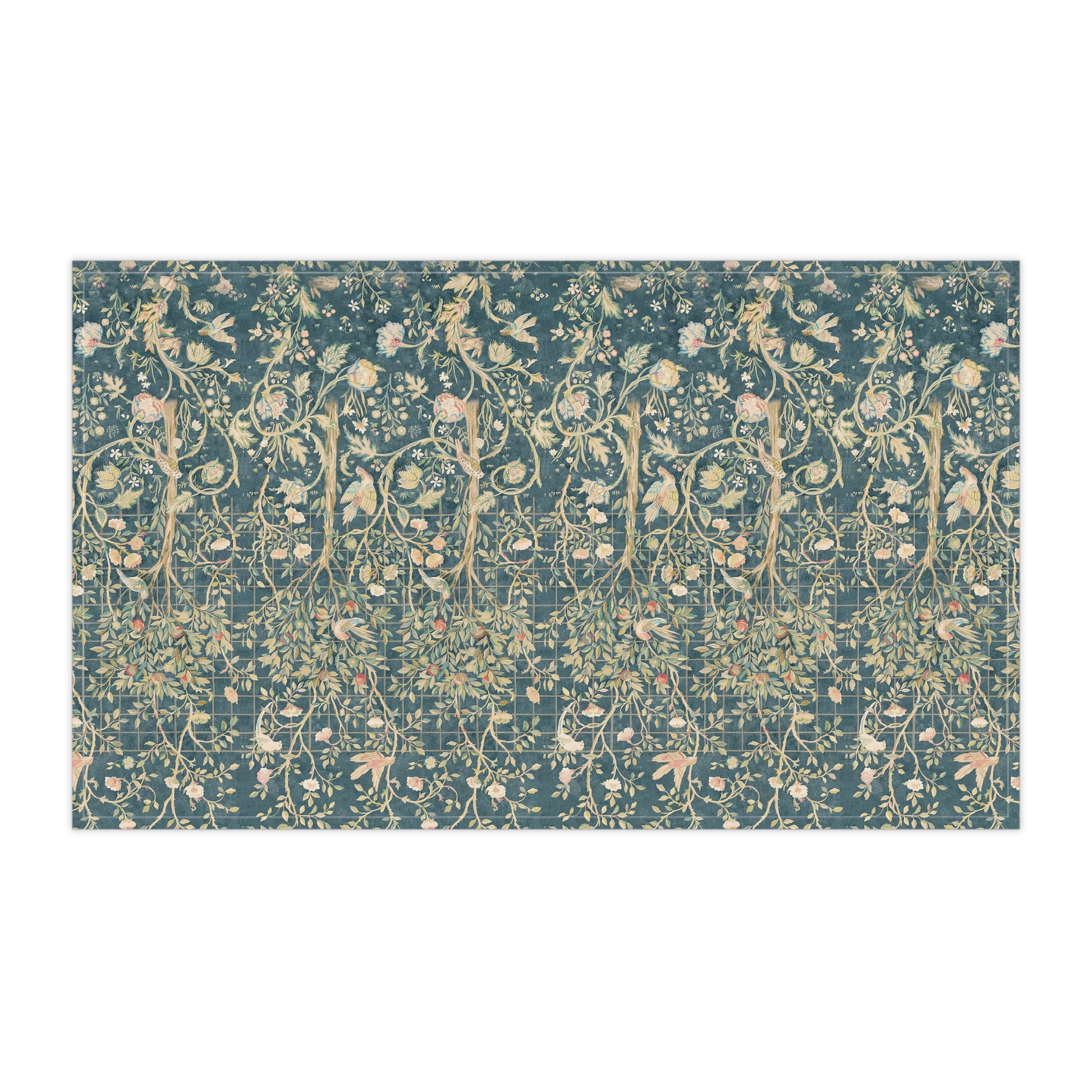 A rectangular kitchen tea towel with a floral and bird pattern in a teal colour inspired by William Morris & Co.