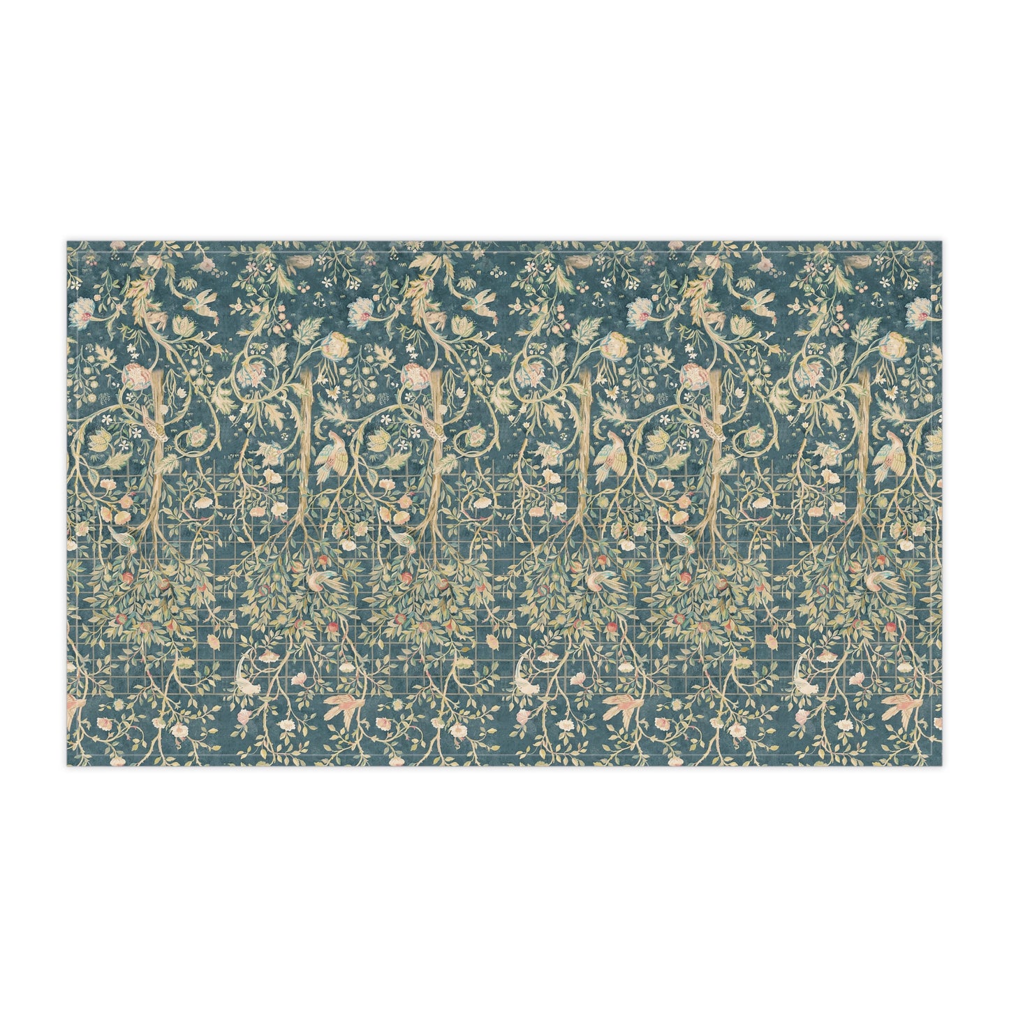 A rectangular kitchen tea towel with a floral and bird pattern in a teal colour inspired by William Morris & Co.