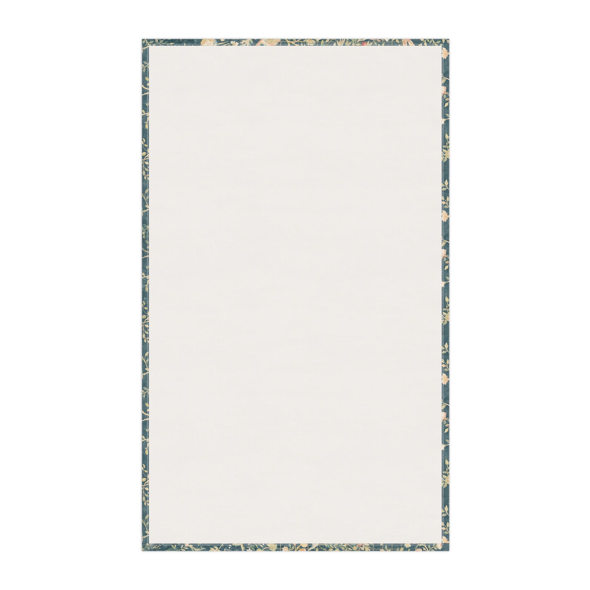 A rectangular kitchen tea towel with a floral and bird pattern in a teal colour inspired by William Morris & Co.