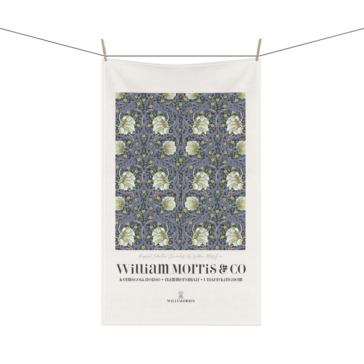 Kitchen Tea Towel designed by William Morris & Co in a purple floral pattern called Pimpernel Collection (Lavender) - Art Print on a Tea Towel