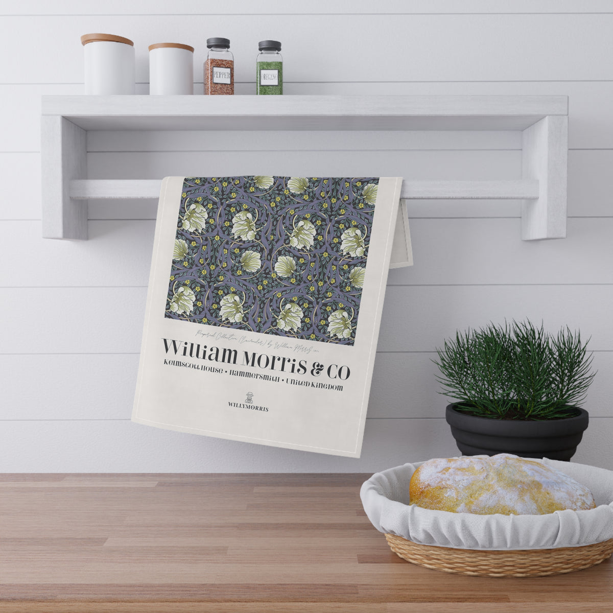 Kitchen Tea Towel designed by William Morris & Co in a purple floral pattern called Pimpernel Collection (Lavender) - Art Print on a Tea Towel