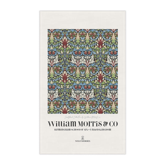 Kitchen Tea Towel designed by William Morris & Co in a red, green, blue and white floral pattern called Snakeshead Collection - Art Print on a Tea Towel