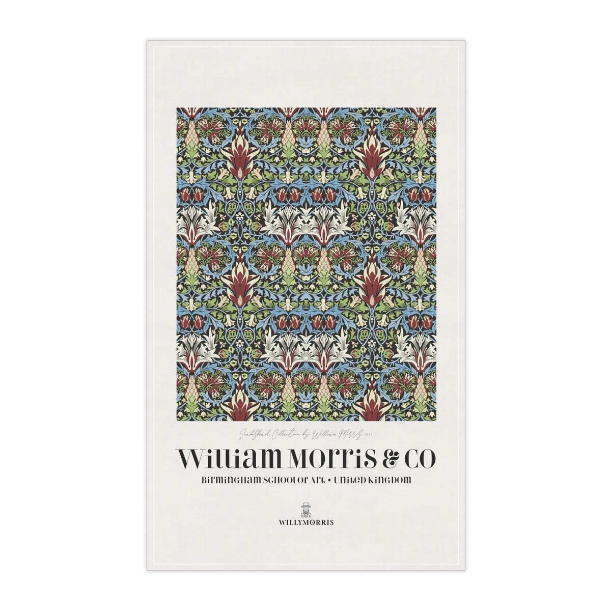 Kitchen Tea Towel designed by William Morris & Co in a red, green, blue and white floral pattern called Snakeshead Collection - Art Print on a Tea Towel
