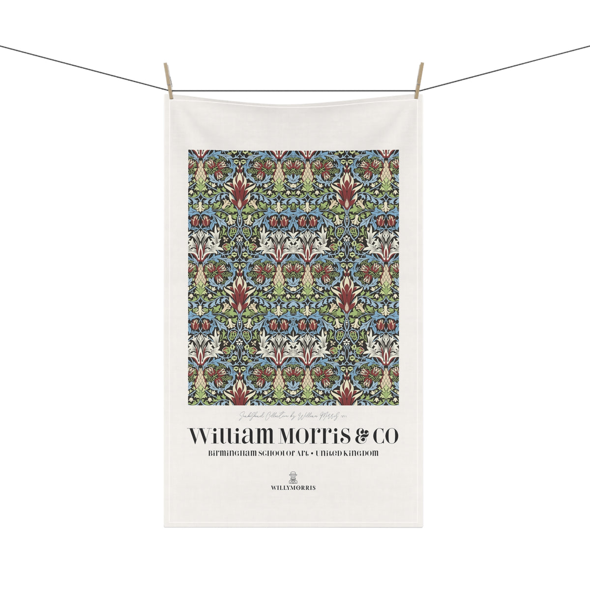 Kitchen Tea Towel designed by William Morris & Co in a red, green, blue and white floral pattern called Snakeshead Collection - Art Print on a Tea Towel