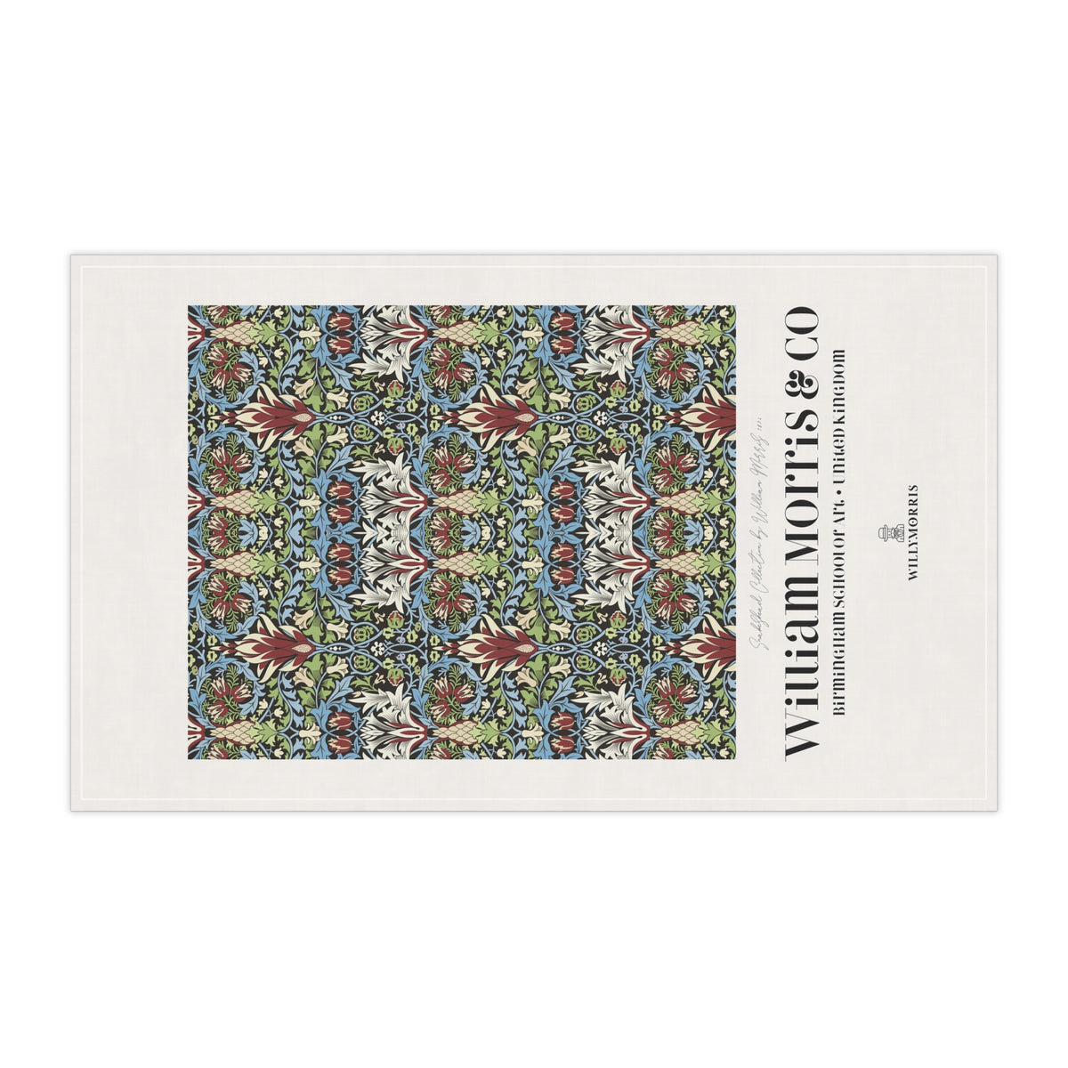Kitchen Tea Towel designed by William Morris & Co in a red, green, blue and white floral pattern called Snakeshead Collection - Art Print on a Tea Towel