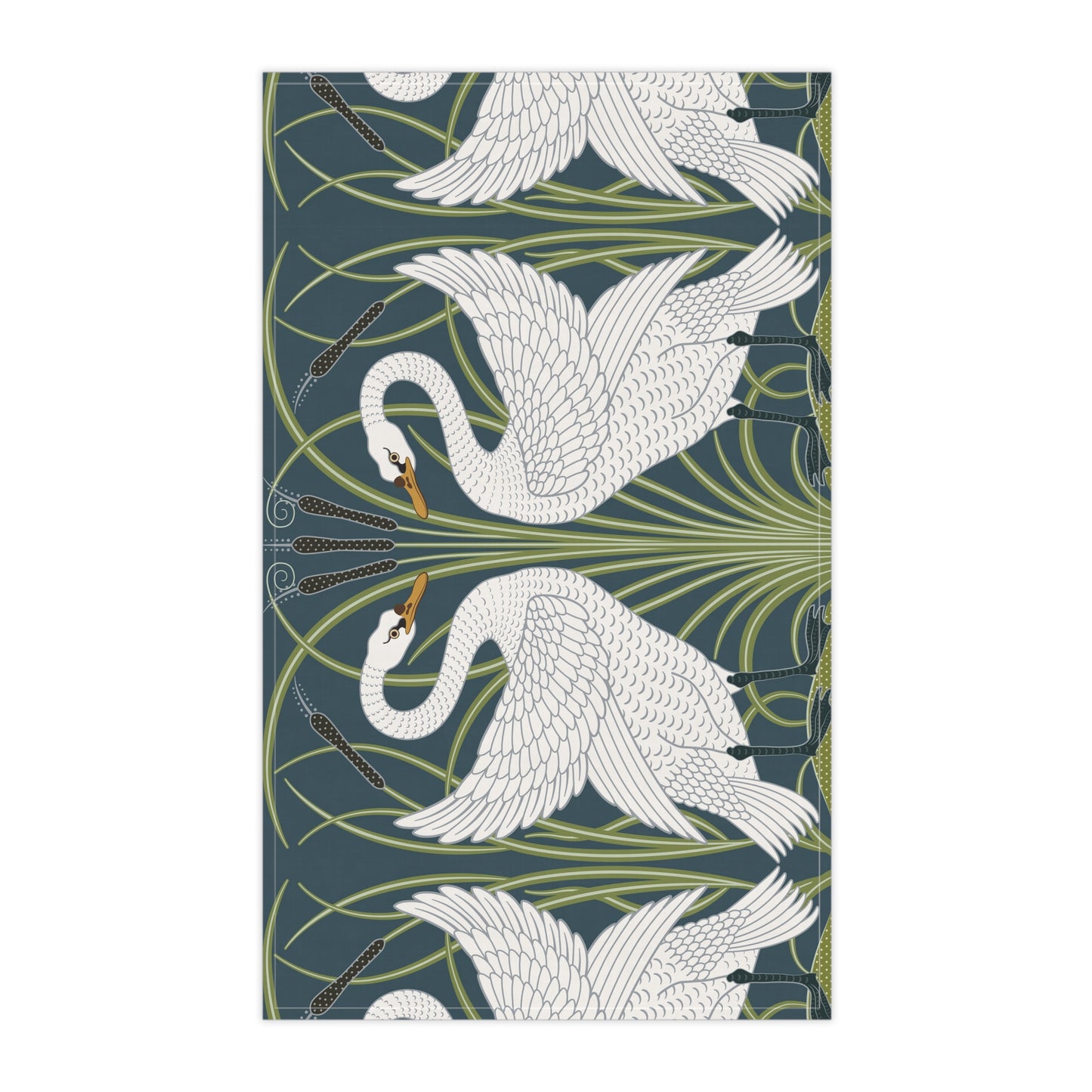 A kitchen tea towel featuring a repeated pattern of a white swan with a green and brownish background, and a set of dishes with cutlery on the side.