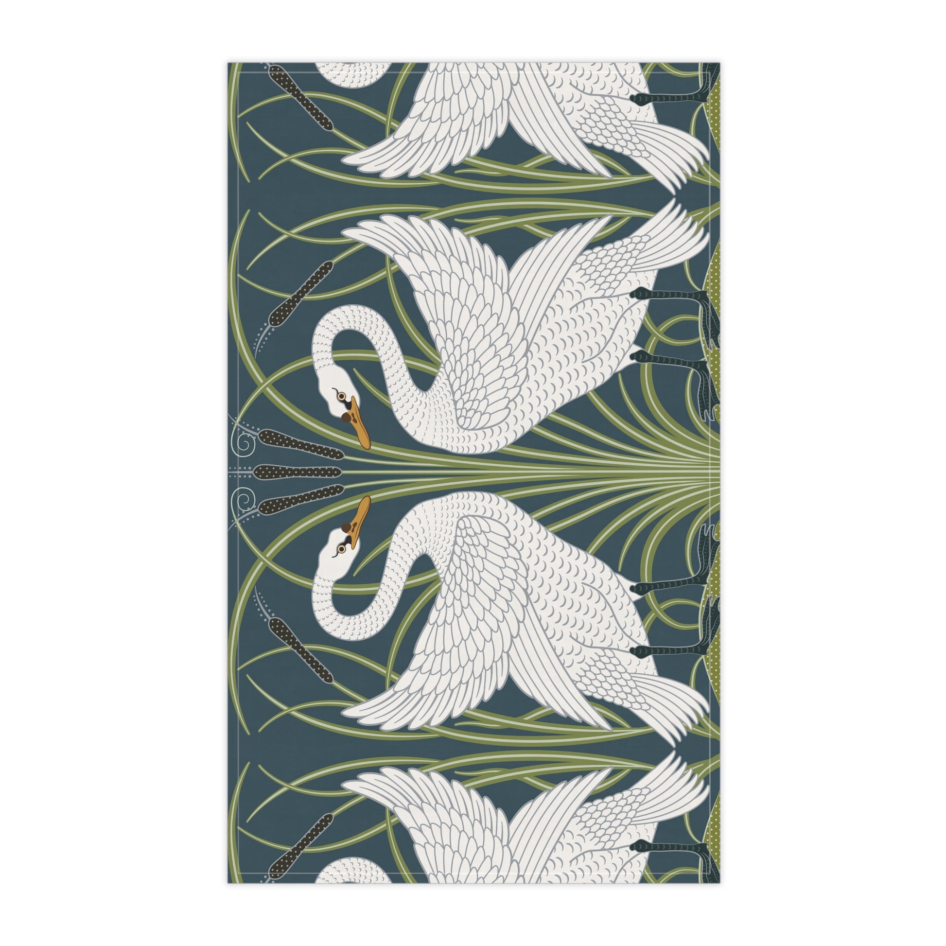 A kitchen tea towel featuring a repeated pattern of a white swan with a green and brownish background, and a set of dishes with cutlery on the side.