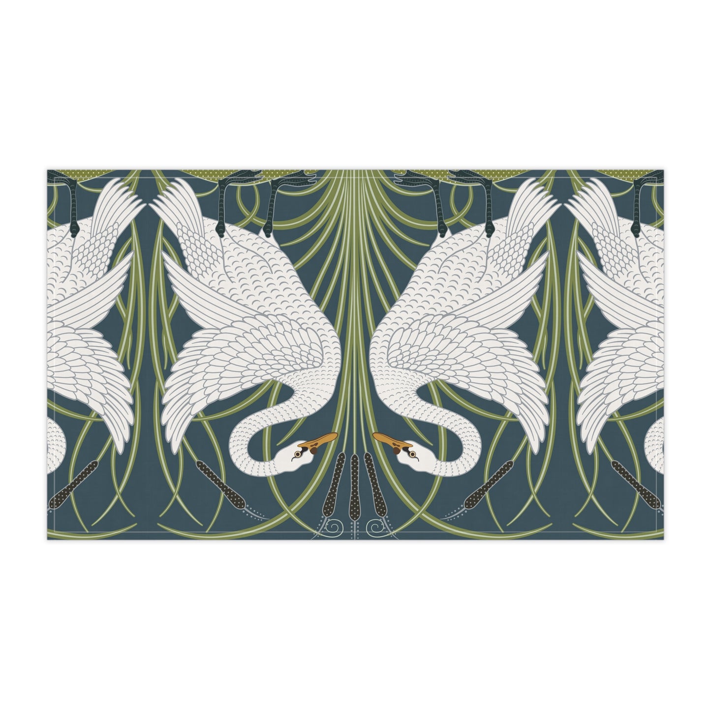 A kitchen tea towel featuring a repeated pattern of a white swan with a green and brownish background, and a set of dishes with cutlery on the side.