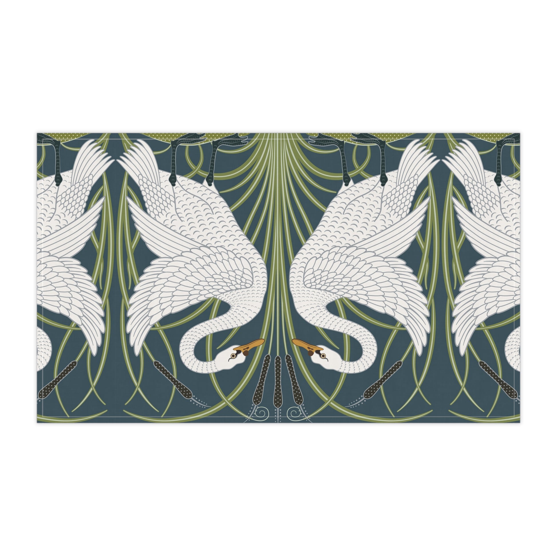 A kitchen tea towel featuring a repeated pattern of a white swan with a green and brownish background, and a set of dishes with cutlery on the side.