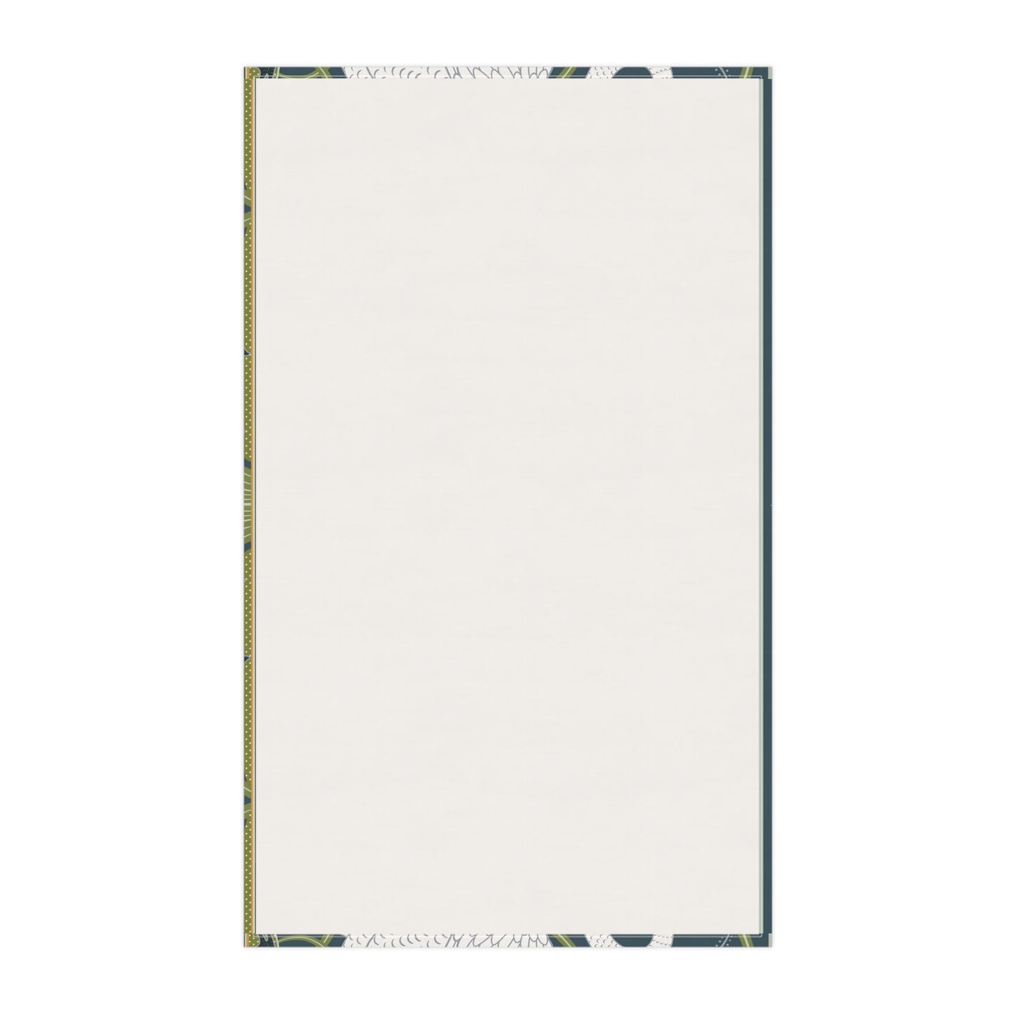 A kitchen tea towel featuring a repeated pattern of a white swan with a green and brownish background, and a set of dishes with cutlery on the side.