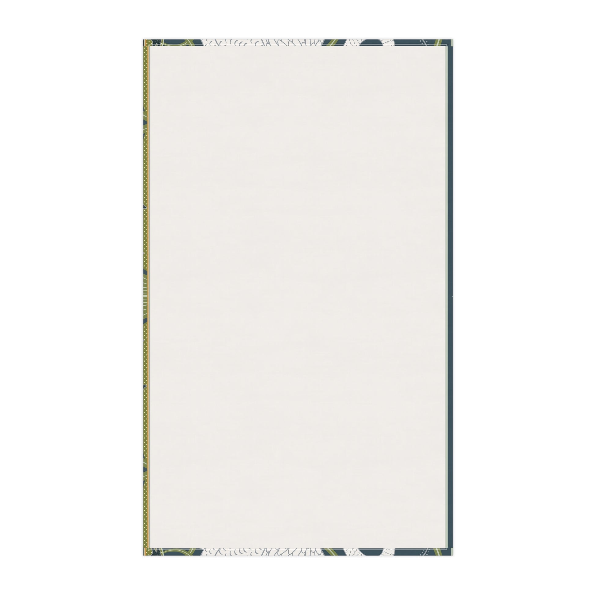 A kitchen tea towel featuring a repeated pattern of a white swan with a green and brownish background, and a set of dishes with cutlery on the side.