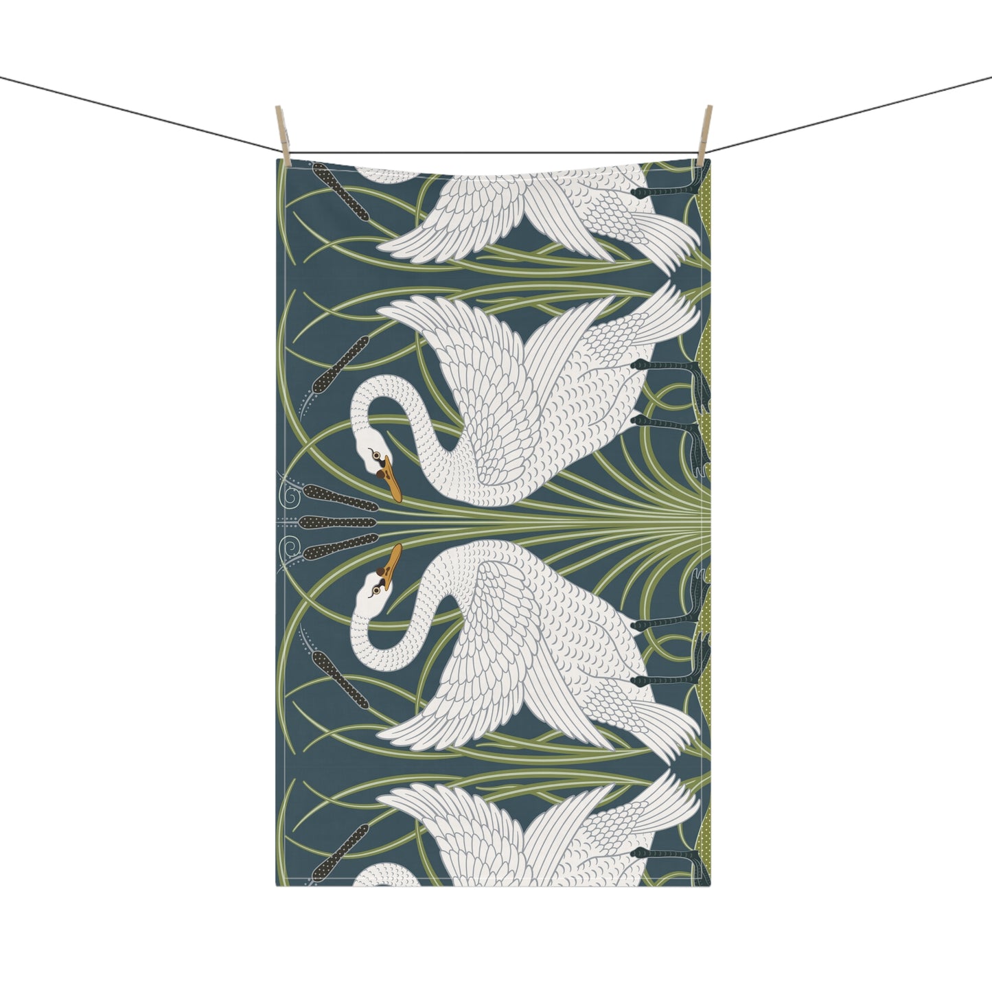A kitchen tea towel featuring a repeated pattern of a white swan with a green and brownish background, and a set of dishes with cutlery on the side.