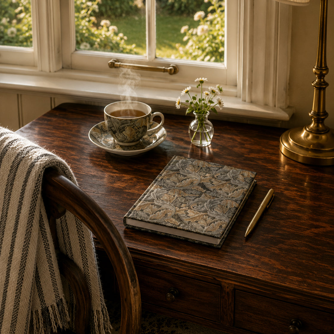 Steaming cup of tea on a wooden desk with a notebook and pen, next to a window with a view of greenery.