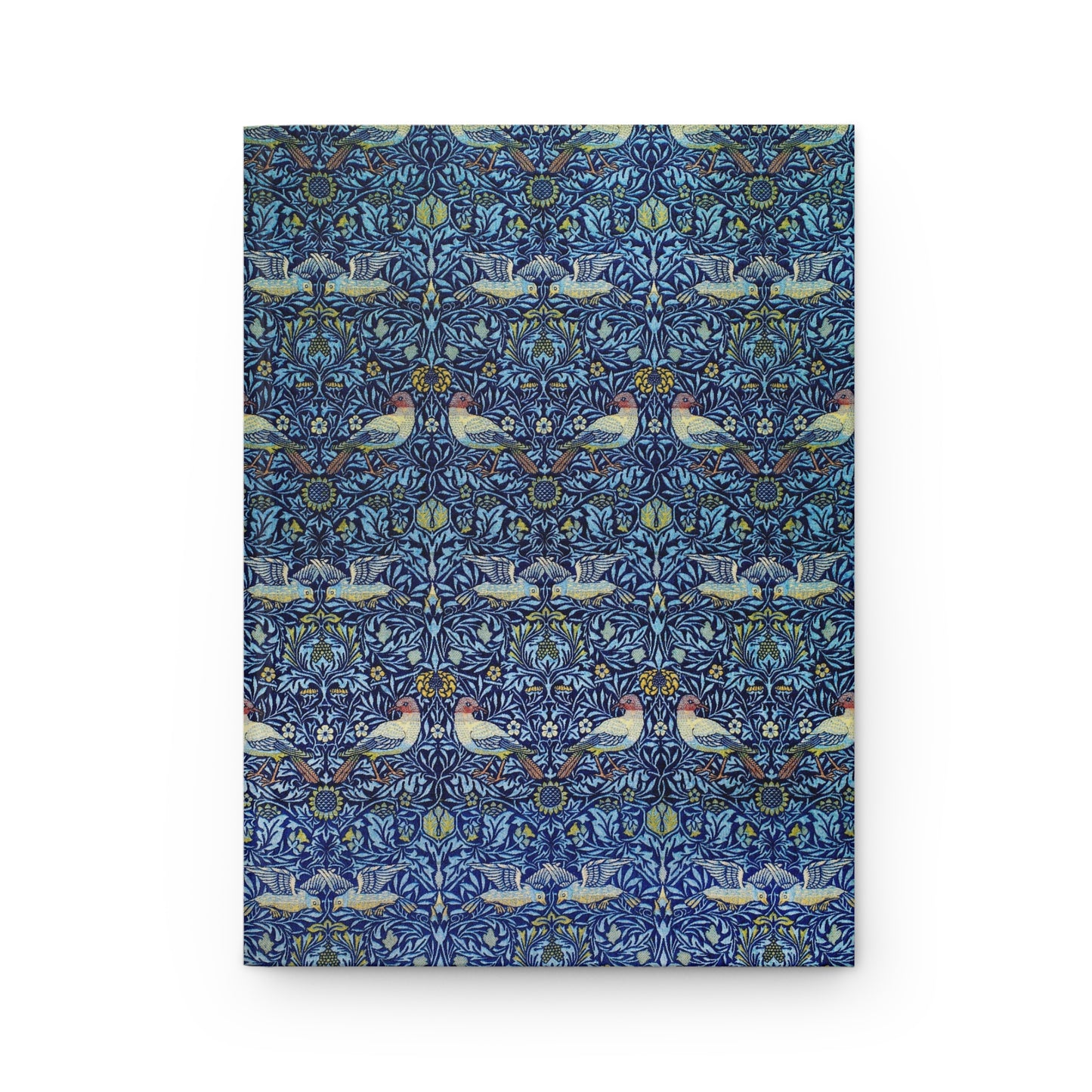 Patterned notebook cover with a blue and multicolor design on a white background